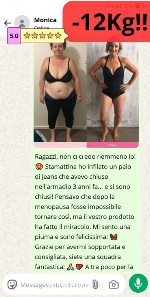 Donna felice mostra il suo corpo trasformato dopo la perdita di peso in menopausa.