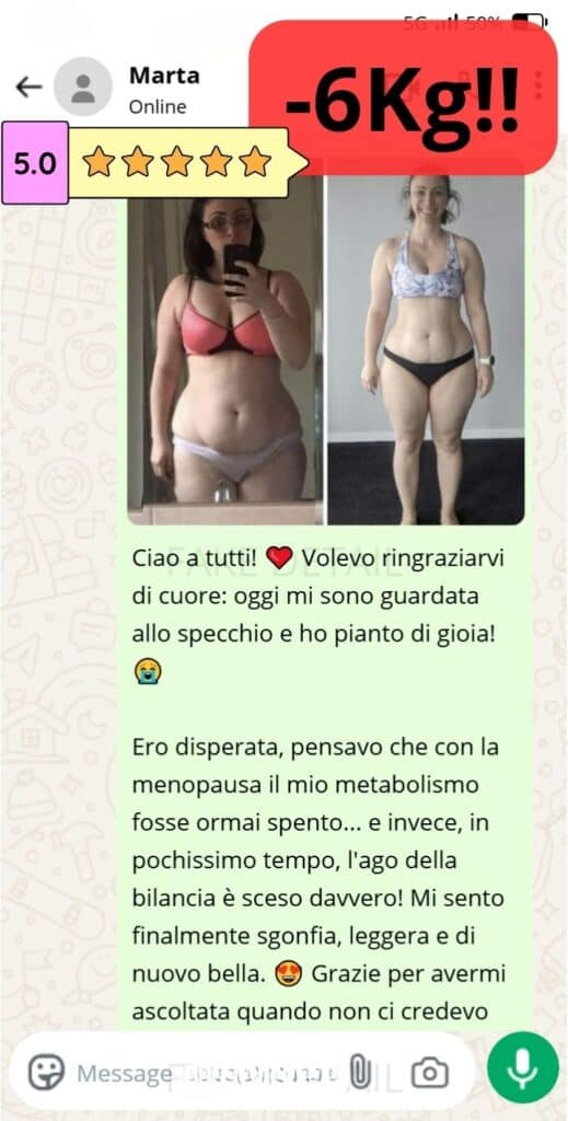 Donna che mostra i risultati di perdita peso, con testo "6kg!!" in evidenza.