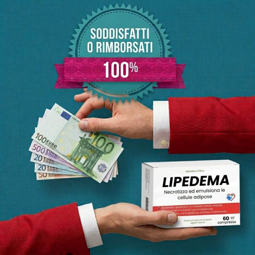 Immagine di un uomo in abito rosso che mostra un pacchetto di farmaci Lipedema e una pila di bancono.