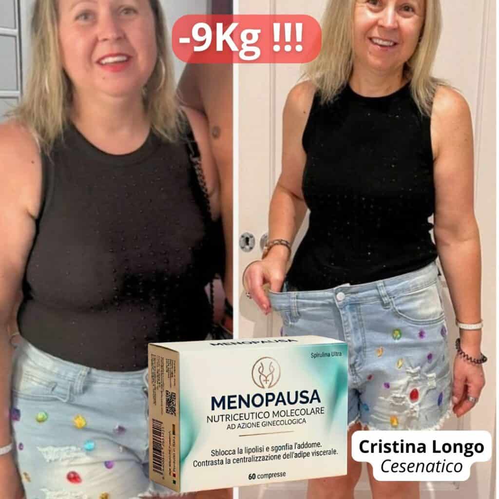 Donna felice con perdita di peso di 9kg, mostra prima e dopo.