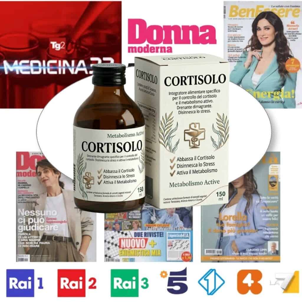 Integratore CORTISOLO contro stress e metabolismo attivo, in confezione e riviste.