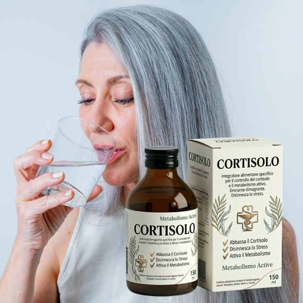 Donna con capelli grigi beve acqua accanto a integratore di cortisolo.