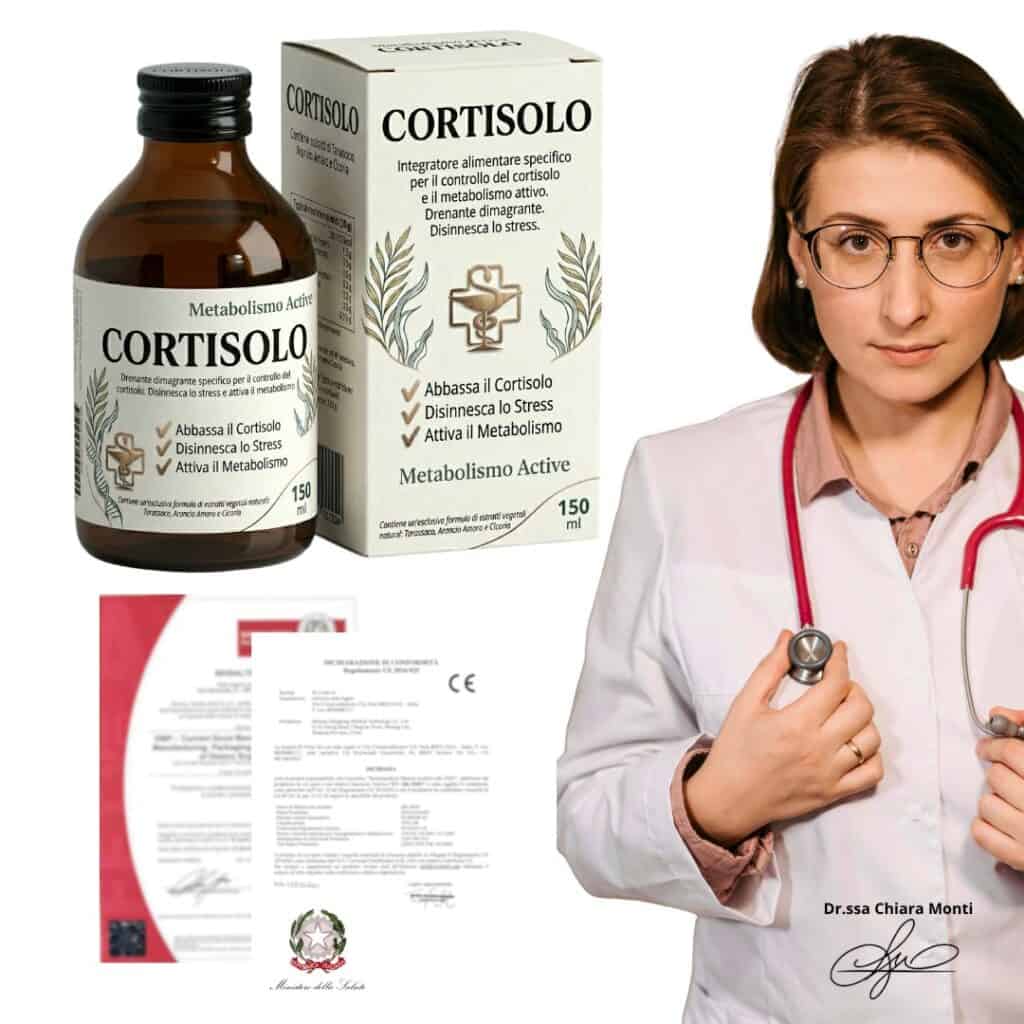 Bottiglia di cortisolo e confezione, con dottoressa in camice.