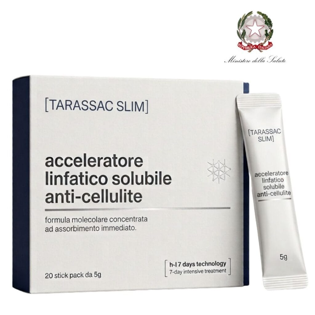 Tarassac Slim, acceleratore linfatico solubile anti-cellulite in confezione da 20 stick.