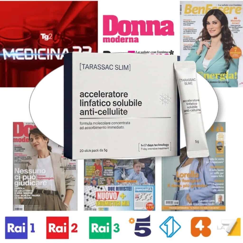 Integratore anti-cellulite Tarassac Slim con 20 stick da 5g.