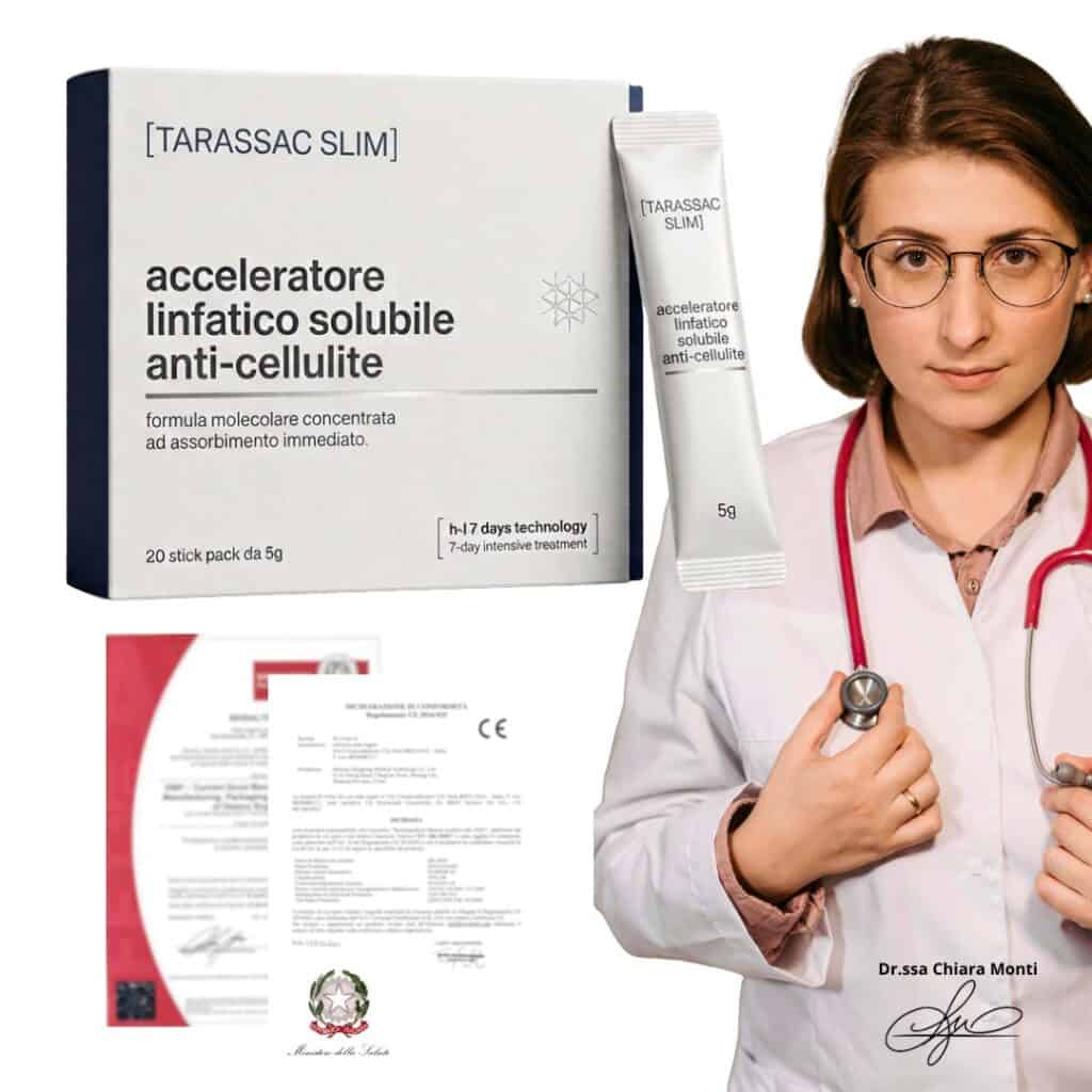 Prodotto anti-cellulite Tarassac Slim con donna dottoressa.