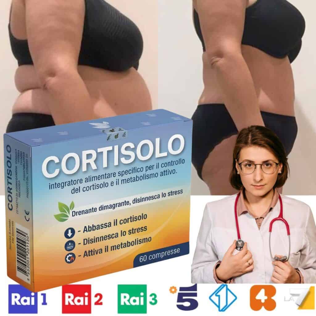 Integratore CORTIS0LO contro stress e metabolismo, con immagini di una donna e confezione.