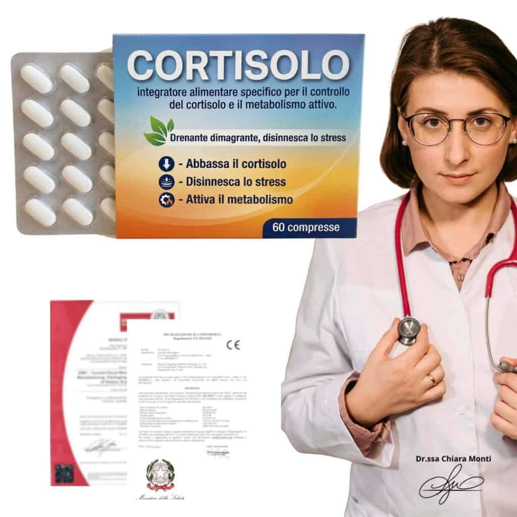 Integratore cortisolo con confezione e dott.ssa Chiara Monti.