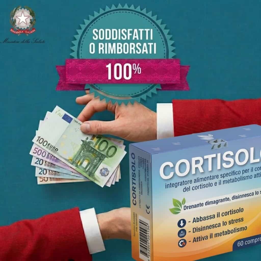 Box di integratore Cortisolo con banconote euro e simbolo di soddisfazione.
