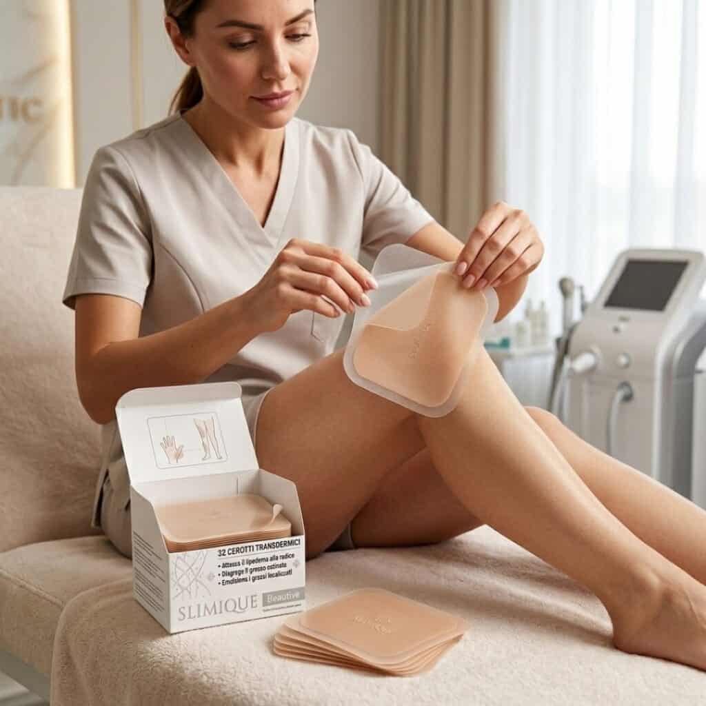 Donna applica cerotto Lip3D3MA sulla gamba in ambiente clinico.
